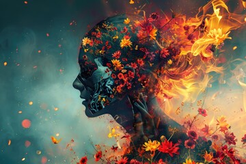 Digital artwork illustration of a shattered human form being engulfed by flames, with vibrant flowers blooming from within, representing the resilience of the human spirit in the face of adversity