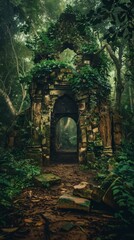 A mysterious and eerie scene of a hidden stone gate of an ancient ruin in a thick forest