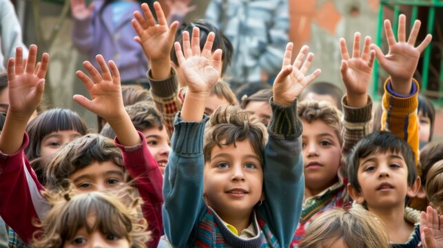 A group of children eagerly raising their hands to answer a question