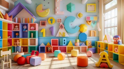 An imaginative classroom filled with colorful shapes and numbers