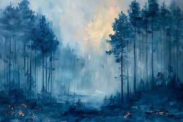 landscape forest field  in the countryside moody vintage farmhouse style wall art or painting Blue color theme