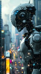 Fototapeta premium A robot overlooking a bustling, neon-lit cityscape. Futuristic cityscape where robots and humans coexist.
