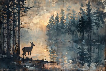landscape forest field with deer  in the countryside moody vintage farmhouse style wall art or painting