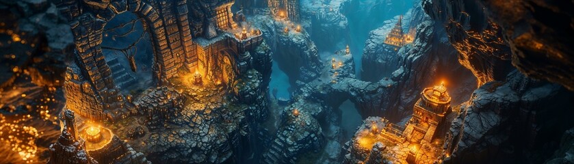 Hidden dwarven cities, illuminated by wizardry, heroes embark on quests filled with danger and magic, a tale of courage - obrazy, fototapety, plakaty