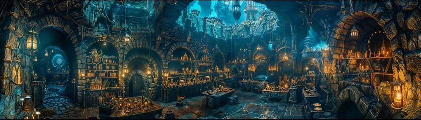 Hidden dwarven dungeon, brought to life with ethereal lighting and arcane energy. The stone architecture is masterfully carved, stretching deep into cavernous depths and ascending into towering spires - obrazy, fototapety, plakaty