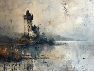 landscape oil painting features castle tower and lake in moody vintage farmhouse style wall art or painting
