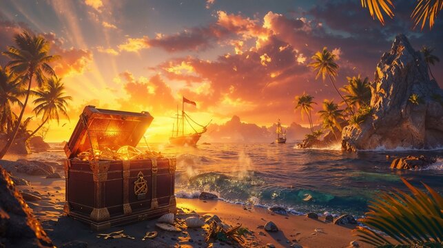 Mystic chest overflowing with ancient treasures on a deserted island, illuminated by the golden sunset, evoking tales of adventure