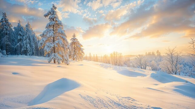Pristine snow landscape at dawn, bathed in the golden light of sunrise, creating a serene and tranquil scene