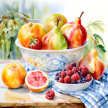 Beautiful Colorful Fruit Bowl Full of Lovely Fruits Painted in Watercolor