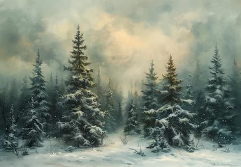 Papier Peint photo Kaki Winter snow landscape forest pine trees  in the countryside moody vintage farmhouse style wall art or painting