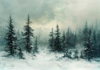Winter snow landscape forest pine trees  in the countryside moody vintage farmhouse style wall art or painting - obrazy, fototapety, plakaty