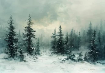 Gordijnen Winter snow landscape forest pine trees  in the countryside moody vintage farmhouse style wall art or painting © Wipada