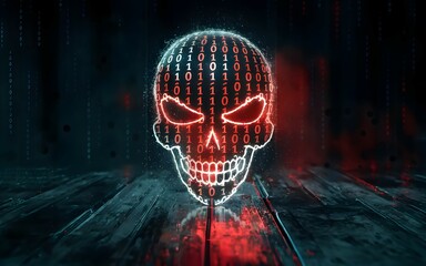 Digital skull overlaid on a backdrop of binary code