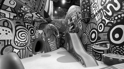 Whimsical doodle art in monochrome bringing charm to a children's play area