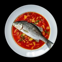 vegetable tomato soup with fish in a plate isolated on black background