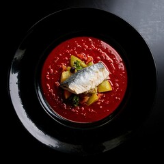 vegetable tomato soup with fish in a plate isolated on black background