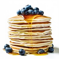 A stack of plain pancakes served with honey and blueberry over a white background.
