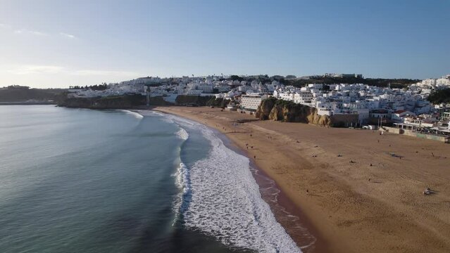 Aerial pushback from Albufeira beach, Famous sandy beach in Algarve, Portugal
