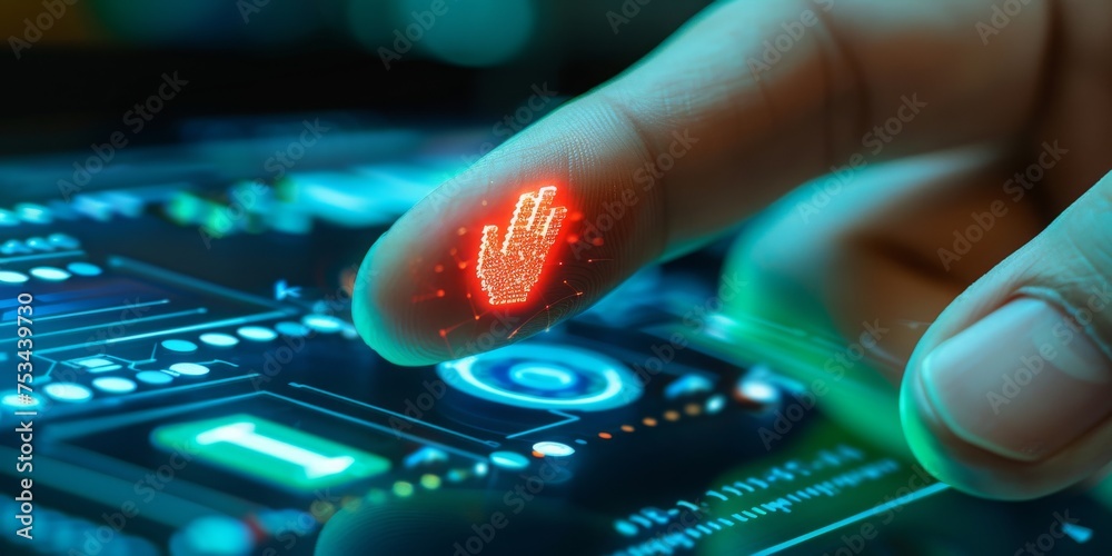 Leinwandbilder Biometric Identification in a High-Tech Future: A Finger Glows with Intricate Circuit Patterns Signaling Advanced Security Technology, Generative AI