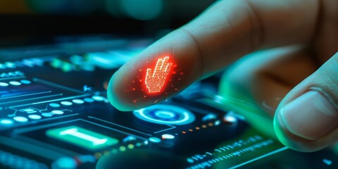 Biometric Identification in a High-Tech Future: A Finger Glows with Intricate Circuit Patterns Signaling Advanced Security Technology, Generative AI