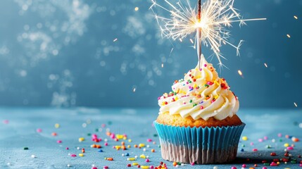 Birthday cupcake with sparkler and sprinkles over a blue background.