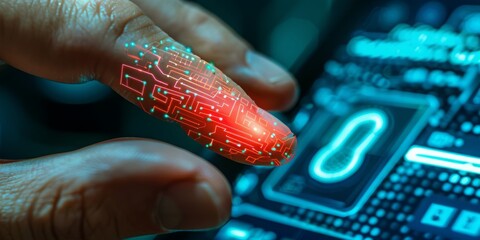 Biometric Identification in a High-Tech Future: A Finger Glows with Intricate Circuit Patterns Signaling Advanced Security Technology, Generative AI