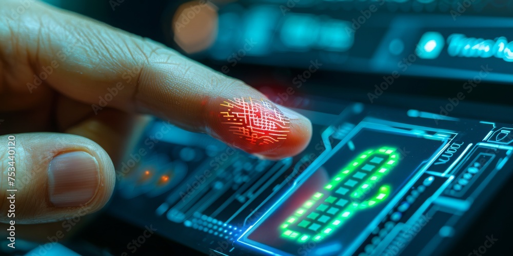 Aufkleber Biometric Identification in a High-Tech Future: A Finger Glows with Intricate Circuit Patterns Signaling Advanced Security Technology, Generative AI