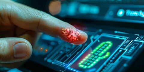 Biometric Identification in a High-Tech Future: A Finger Glows with Intricate Circuit Patterns Signaling Advanced Security Technology, Generative AI