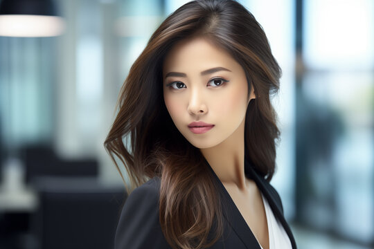 studio portrait of beautiful business woman standing on the office background in business suit