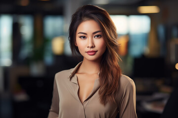 Naklejka premium studio portrait of beautiful business woman standing on the office background in business suit