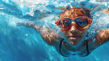 Fototapeta premium A beautiful woman explores the underwater world of the open ocean, swimming confidently with her diving goggles on.