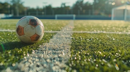 Fototapeta premium Ball in the middle of a soccer field. Beautiful stadium