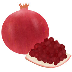 illustration, Ripe pomegranate fruit, scientific name Punica granatum, isolated on white background.