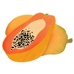 illustration of Papaya  fruit, whole and halved, isolated on white background.