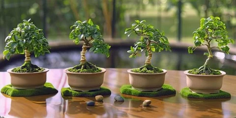 Foto auf Acrylglas A Lush Array of Bonsai Trees Bathing in Sunrays, Showcasing the Beauty and Precision of the Bonsai Craft, Generative AI © Ben