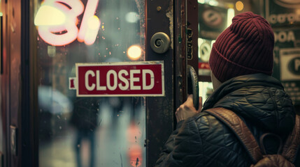 Shop owner putting the Closed sign in front of the store to signify the closure of the shop