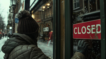 Shop owner putting the Closed sign in front of the store to signify the closure of the shop