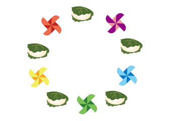 カラフルな風車と柏餅の飾り枠