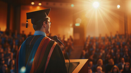 Valedictorian young student man giving graduation speech to other graduated people from the year group while wearing traditional college regalia and gown - obrazy, fototapety, plakaty