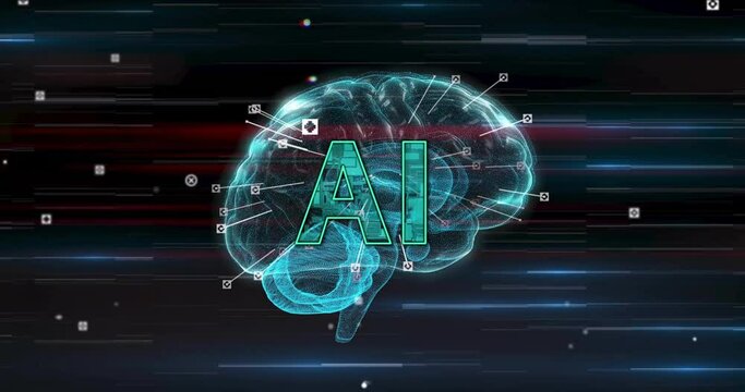 Animation of ai text over digital brain spinning