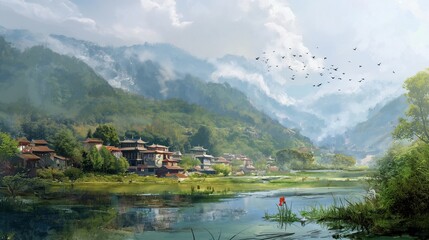 Fototapeta na wymiar Witness the panoramic beauty of streams winding through remote mountain villages, their reflection mirroring the charm, while graceful birds enhance the scenery with their mesmerizing flight.