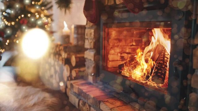 burning fireplace real wood logs cozy warm home. seamless looping overlay 4k virtual video animation background