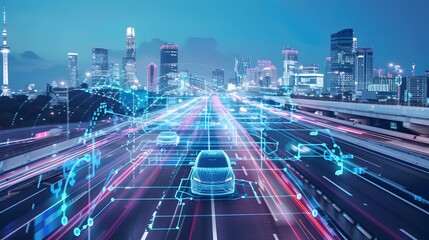 Fototapeta na wymiar Autonomous Vehicle on Futuristic Smart City Infrastructure, To illustrate the future of transportation in smart cities