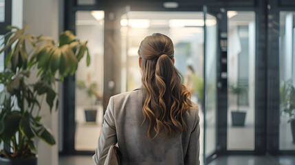 young woman with smart casual outfit opening the office door, back view - obrazy, fototapety, plakaty