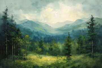 contemporary landscape forest field and mountain  in the countryside moody vintage farmhouse style wall art or painting
