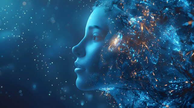 Womans face with blue sparks in space in the style of afrofuturism, To add a touch of fantasy and imagination to a project, or to convey a sense of