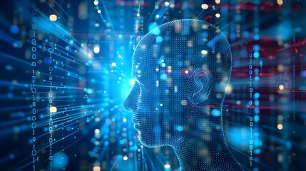 Obraz premium Artificial Intelligence Tackling Issues Head formations in Digital Blue, To convey the concept of artificial intelligence and technology being used