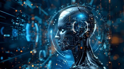 Futuristic Robot Head Against Digital Background, This image conveys the concept of futuristic technology and artificial intelligence, making it an