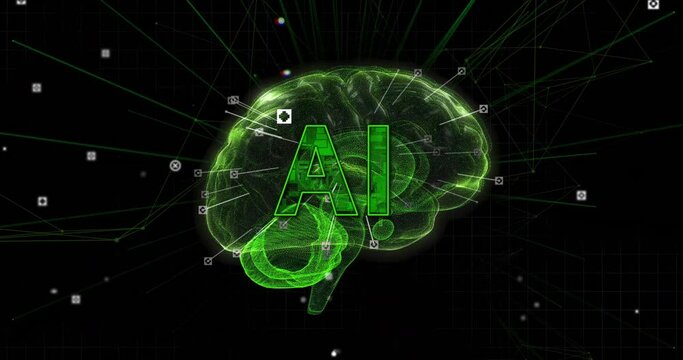 Animation of ai text over digital brain spinning and network of connections