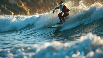 scene of Santa Claus surfing on blue ocean waves in Christmas holidays. Created with Generative AI.